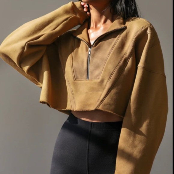 Joah Brown bronze half zip crop fleece sweatshirt pullover S/M